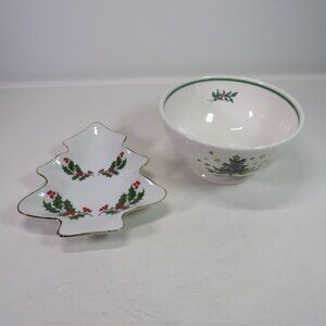 Christmas (2) Candy Dish Trinket Dish Porcelain Christmas Tree & Holiday Bowl